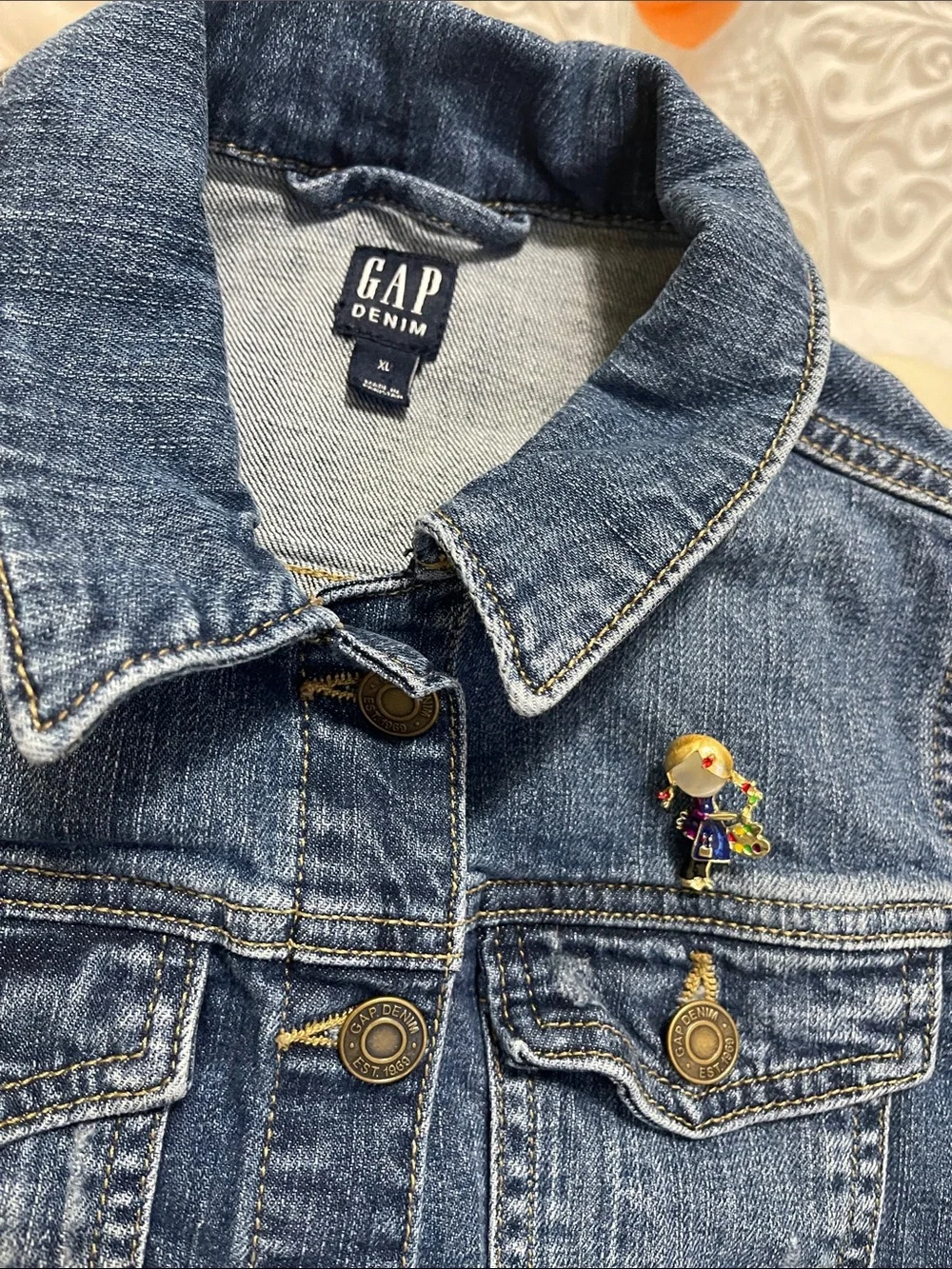 GAP Dark Blue Girl’s Denim Jacket with Girl Artist Pin Accent